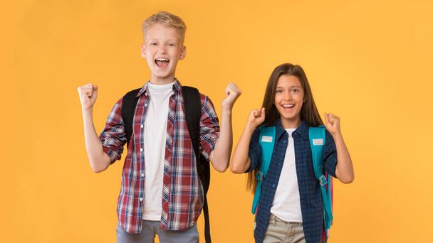 Crianças em idade escolar excitadas gritando com os punhos agitando alegria - Foto, Imagem