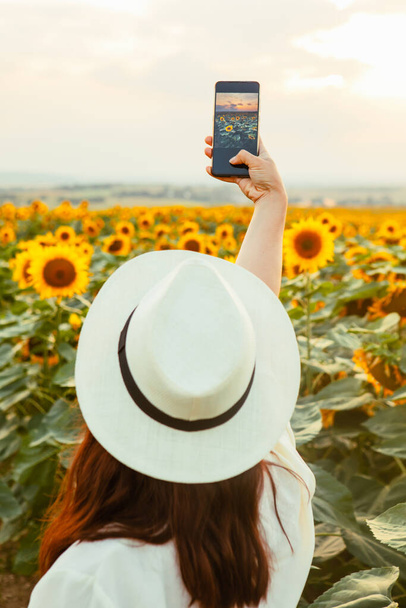 stylish elegance woman taking picture of the sunflowers field on her phone on sunset - Photo, Image