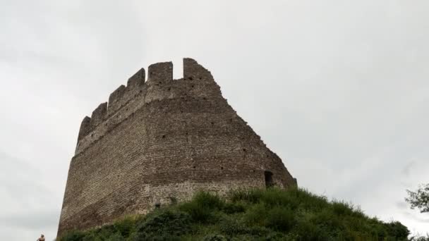 Historic old castle Leuchtenburg near Kalterer Lake in Italy during cloudy day. Bottum up wide shot. - Footage, Video