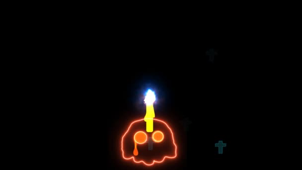 Teschio fantasma con candela aumento bruciato ad Halloween effetto testo orrore blu e tombe volare e sbiadito sullo schermo nero - Filmati, video