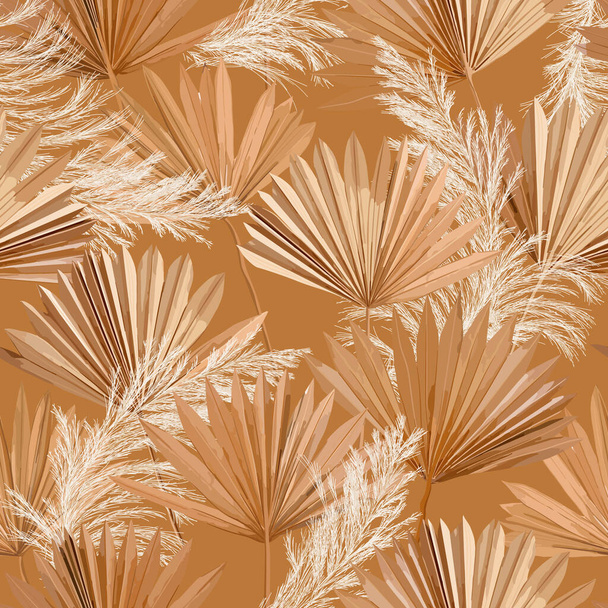 Tropical vector dry palm leaves, pampas grass seamless pattern, watercolor design boho background for wedding, textile print, exotic tropical wallpaper texture, cover, backdrop, decoration - Vektor, obrázek