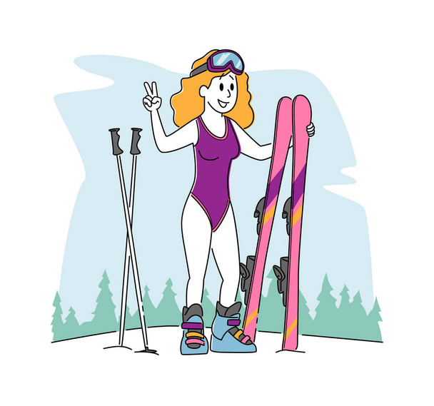 Женщина в купальнике и в очках позирует с лыжами. Молодая женщина катается на лыжах в горах, закаляет тело для крепкого здоровья в зимнее время, здоровой жизни, спорта. Вектор линейных людей - Вектор,изображение