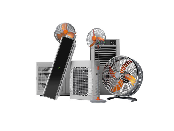 Conceito de renderização 3D de resfriamento em ventiladores de calor e condicionadores de ar contra fundo branco sem sombra - Foto, Imagem