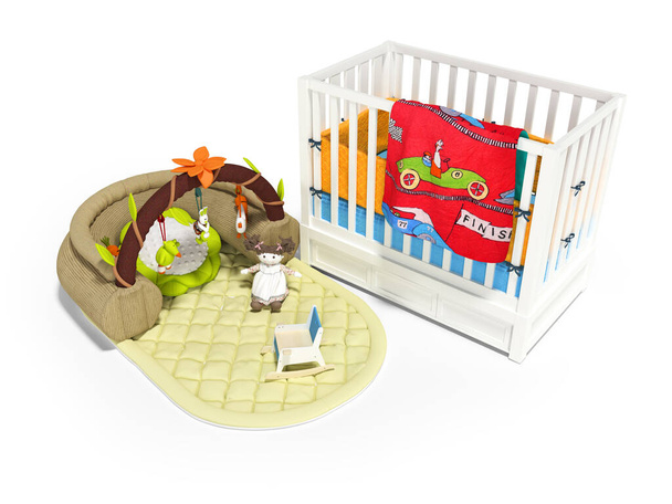 3d rendering wit houten wieg voor kind met speelmat met speelgoed op witte achtergrond met schaduw - Foto, afbeelding
