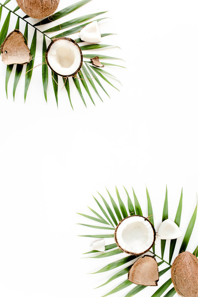 Tropical green palm leaf and cracked coconut on white background. Nature concept. flat lay, top view - Fotoğraf, Görsel