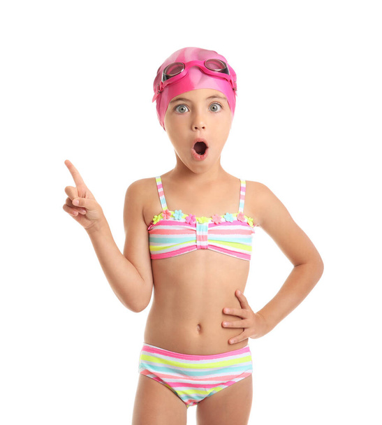 Surprised little girl in swimsuit on white background - Fotó, kép