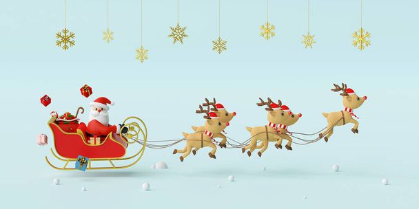 Счастливого Рождества и Нового Года, Санта-Клаус на санках, полных рождественских подарков и тянущихся на оленях, 3D-рендеринг - Фото, изображение