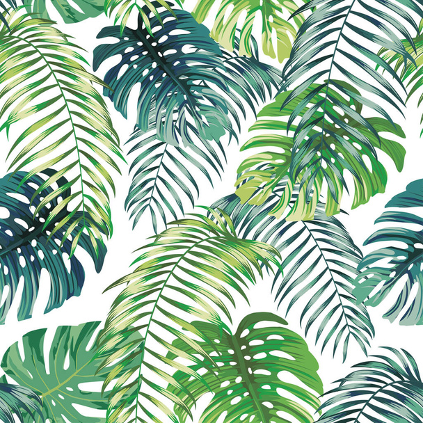 Botanical green seamless pattern leaves Fern and Monstera on white background. Exotic wallpaper design - Vector, Imagen