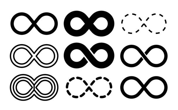 Símbolo infinito. Conjunto de iconos de flecha infinita Mobius. Imagen lineal delgada sin fin. Repetición vectorial y logotipo ilimitado - Vector, Imagen