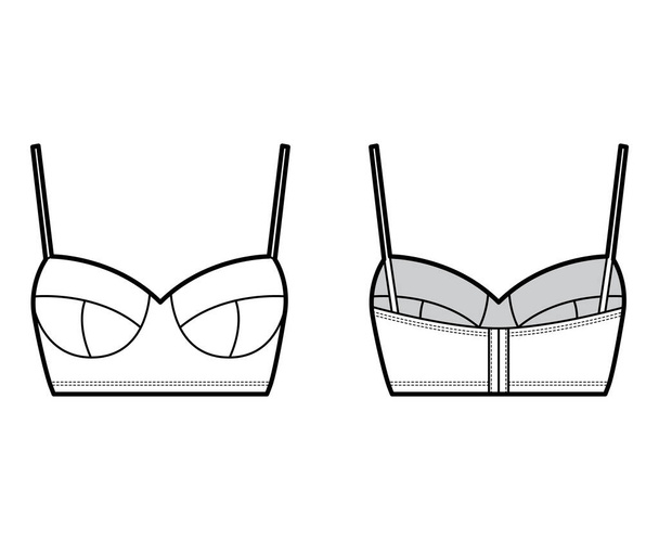 Bustier top technical fashion illustration with cropped length, molded cups, spaghetti straps Flat bra swimwear lingerie - Vector, Image