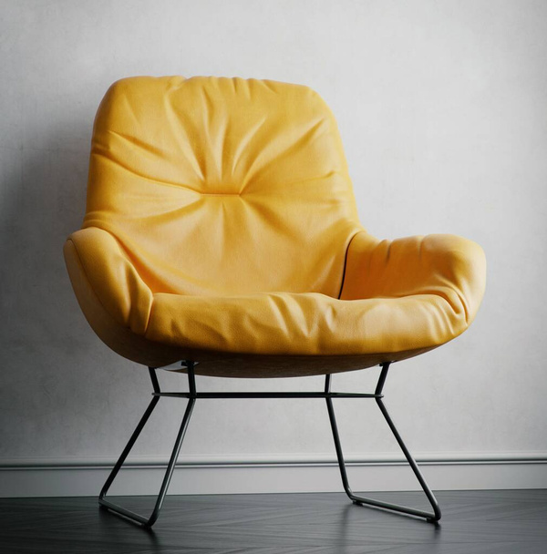 Żółta skóra Krzesło z przodu biały kolor ściany betonowej - Zdjęcie, obraz