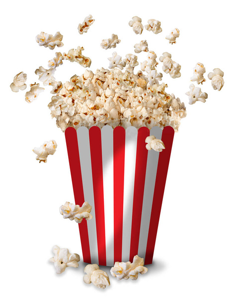 Eine große klassische Schachtel Theater-Popcorn knallt auf und verstreut auf weißem Hintergrund herum. Die Schachtel ist rot-weiß gestreift.  - Foto, Bild