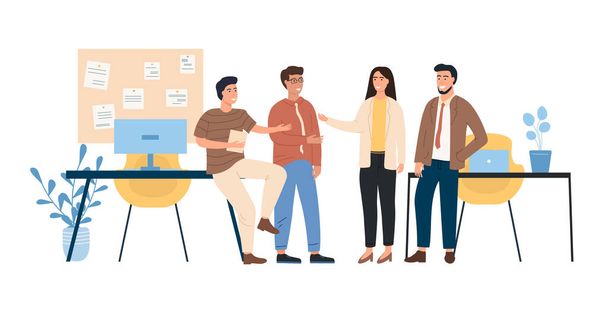 Colleagues at work in office. Coworkers on a break. Relaxing communicate. Business people. Corporate workers. Workflow. Office space. Working environment. Colorful Flat Vector Illustration - Vector, Image