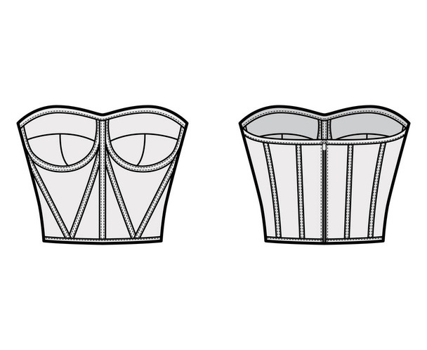 Espartilho-estilo bustier top técnica moda ilustração com copos moldados, close fit, volta zip fixação, comprimento cortado - Vetor, Imagem