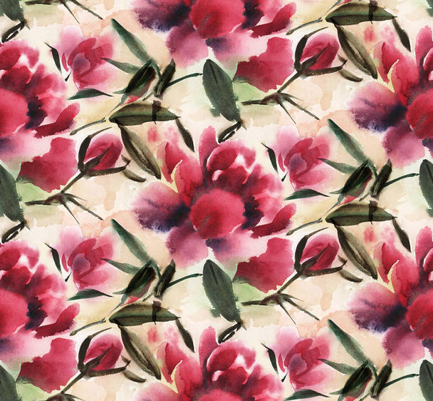 Seamless pattern with watercolor flowers.  Peonies. Hand-drawn illustration.  - Fotoğraf, Görsel