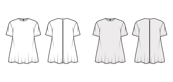 Техническая иллюстрация футболки бойфренда с вырезом команды, короткими рукавами, крупногабаритными, факельными краями, застежкой молнии - Вектор,изображение
