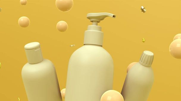 3d representación de la imagen de botellas de cosméticos sobre fondo amarillo con burbujas flotantes. Fondo de pantalla abstracto. Papel pintado dinámico. Diseño de portada moderno. Ilustración 3D. - Foto, Imagen