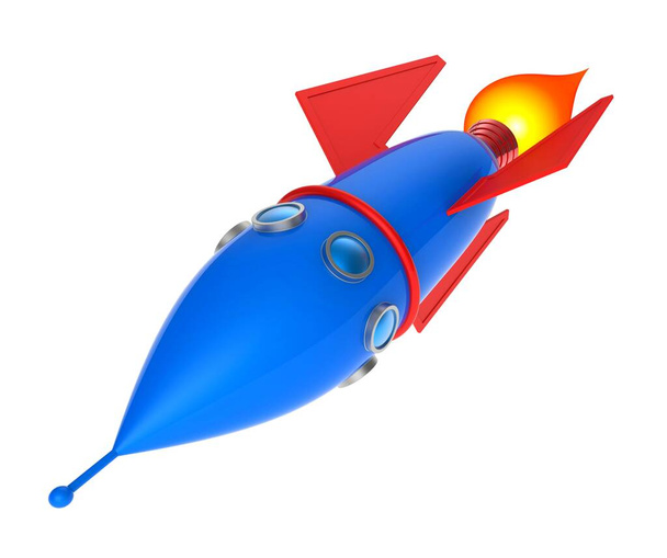 Raketruimteschip geïsoleerd op witte achtergrond. Cartoon raket. Raket vliegt door de ruimte. Buitenaards ruimteschip. 3d illustratie. - Foto, afbeelding