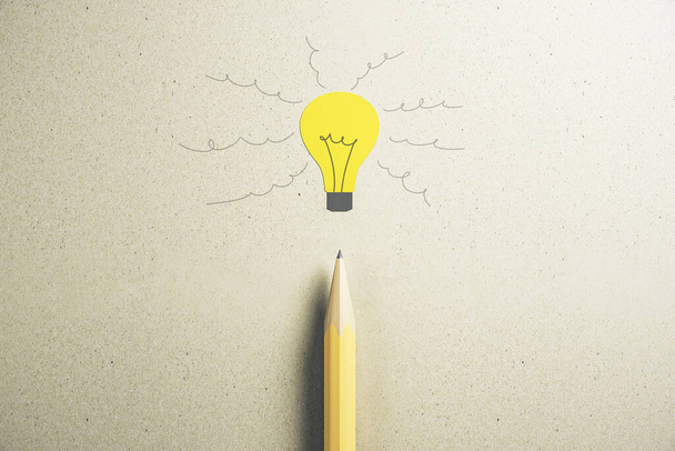 Drawing yellow lamp and pencil. Idea and startup concept. 3D Rendering - Φωτογραφία, εικόνα
