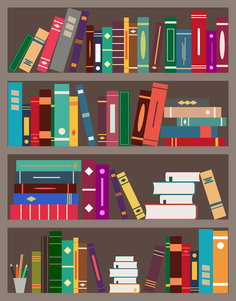 Bookshelfes with books. Bookcase in library. Background for bookstore with wall, wooden shelf and stack books. Pattern for school, office, university, literature room. Old design of interior. Vector. - Vector, Image