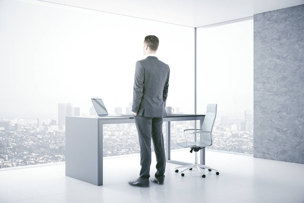 Businessman in suit standing in boarding room  and looking on panoramic city view. Workplace and worker concept. - Фото, зображення