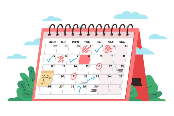 Conceito de gerenciamento de tempo de calendário. Vetor colorido ilustração conceitual de um calendário de mesa grande mostrando calendário mensal com notas e marcas de verificação. Conceito de gerenciamento de tempo, cronograma mensal, horário - Vetor, Imagem