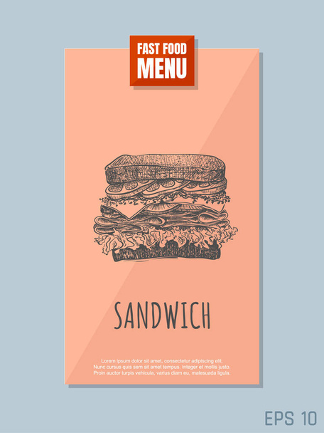 Fast food menu card concept. Sandwich sketch. Retro style. Vector illustration. - Vektor, kép