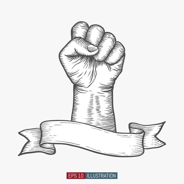 リボンのバナーを手で孤立拳の手を描いた。刻まれたスタイル。革命、抗議、自由、戦いやパワーシンボル。デザイン作品のテンプレート。ベクターイラスト. - ベクター画像