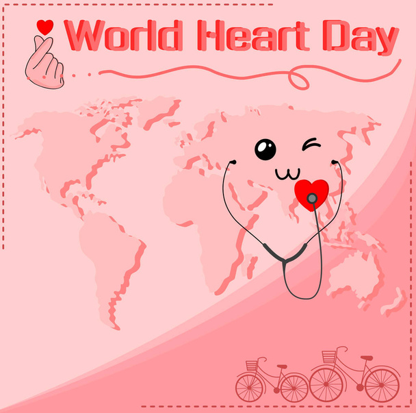 World heart day concept, happy family with heartbeat, stethoscope, heart, world map, Heart wave. - Vector, Imagen