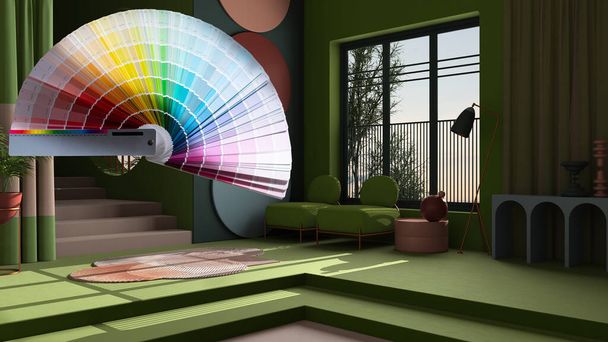 Образцы цветовой палитры над пастельными цветами и метафизический абстрактный объект для плоской гостиной в классическом пространстве, бетонные лестницы и зеленые стены, кресла, дизайн интерьера - Фото, изображение