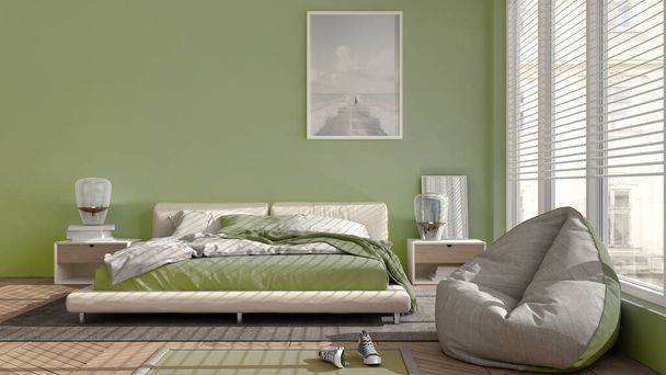 Quarto moderno em tons pastel verde, grande janela panorâmica, cama de casal com tapete e pufe, piso em parquet espinha de peixe, design de interiores mínimos, relaxe ideia conceito - Foto, Imagem