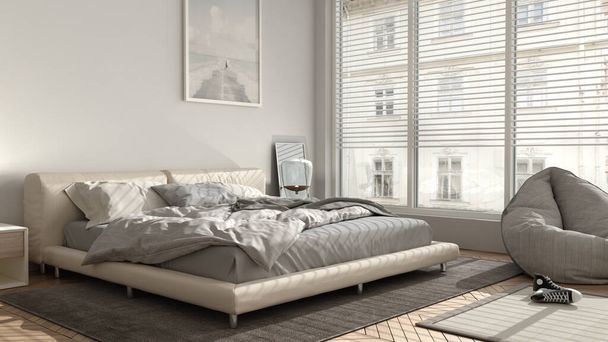 Dormitorio moderno en tonos pastel brillantes, gran ventana panorámica, cama doble con alfombra y puf, suelo de parquet de espiga, diseño interior minimalista, idea de concepto de relax - Foto, Imagen