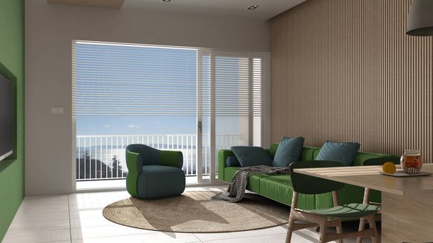 Modernes Wohnzimmer in Grüntönen und Holzdetails, Panoramafenster auf Meerblick, Sofa und Sessel mit rundem Teppich, Esstisch, Insel. Marmorboden, Innenausbau - Foto, Bild