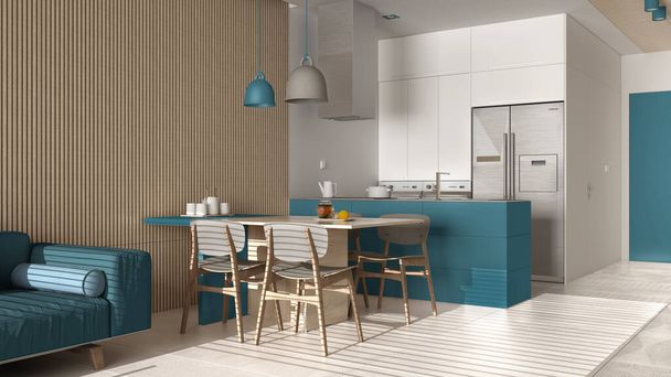Moderne woonkamer in blauwe tinten en houten muurdetails, bank, eettafel met stoelen, keuken met eiland, apparaten en hanglampen. Marmeren vloer, interieur - Foto, afbeelding