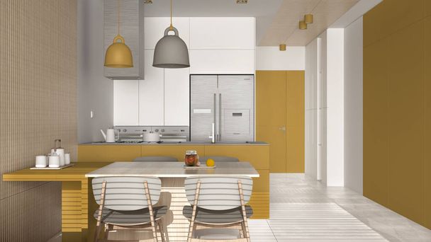 Μοντέρνα κουζίνα με τραπεζαρία σε κίτρινες αποχρώσεις και ξύλινες λεπτομέρειες τοίχου, τραπέζι με καρέκλες, νησί με κρεμαστά φωτιστικά, συσκευές και διακοσμητικά. Μαρμάρινα πλακάκια δαπέδου, εσωτερική διακόσμηση - Φωτογραφία, εικόνα