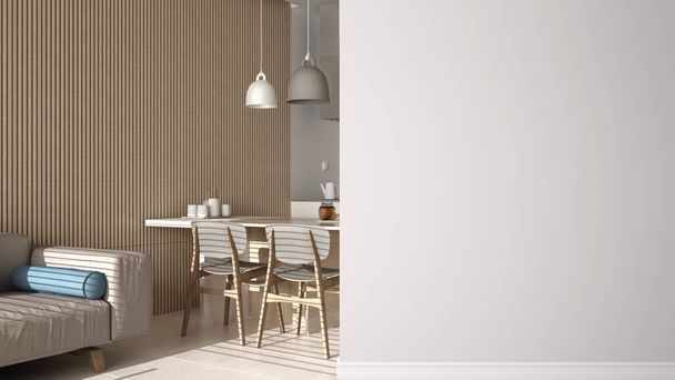 Luxe moderne witte keuken met eiland en stoelen op een voorgrond muur, interieur architectuur idee, concept met kopieerruimte, blanco achtergrond - Foto, afbeelding