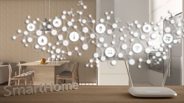 Wi-Fi bezdrátový router na dřevěném stole, chytrý domov, geometrické zázemí s připojenou linkou a tečkami ukazujícími internet systému věcí, koncept domácí automatizace nad moderní kuchyní - Fotografie, Obrázek