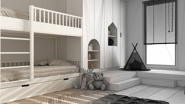 Концепция архитектора интерьера: незавершенный проект, который становится реальным, минималистская детская спальня, паркетный пол, двухъярусная кровать, шкафы с игрушками и декорами, концепция дизайна - Фото, изображение