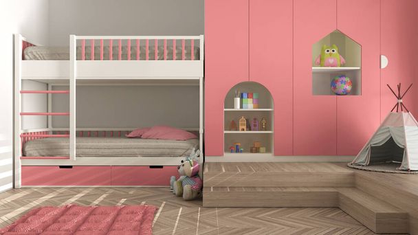 ピンクのパステルトーンのモダンなミニマリストの子供たちの寝室、ハーリンボーンの寄木細工の床、二段ベッド、おもちゃ、人形や装飾品のキャビネット、柔らかいカーペット、ティーピー、インテリアデザインのコンセプトアイデア - 写真・画像