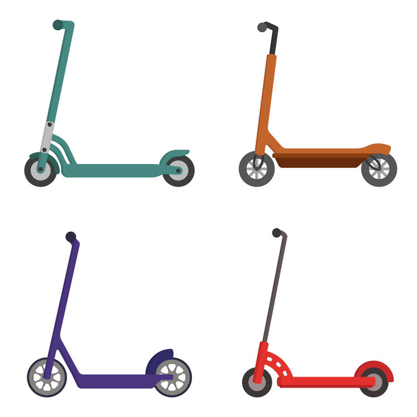 Conjunto de patinetes scooters diferentes. Transporte urbano alternativo en estilo de dibujos animados. - Vector, imagen