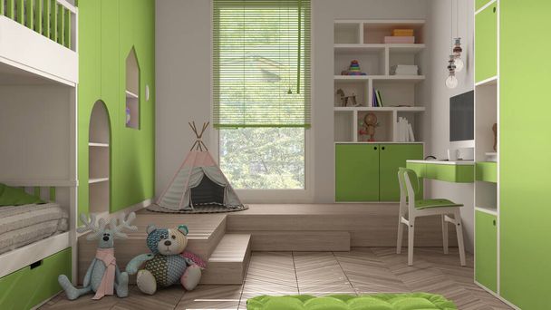 Modern minimalista gyermek hálószoba zöld pasztell tónusokkal, herringbone parketta padló, emeletes ágy, szekrények játékokkal, bábok és dekorációk, puha szőnyeg, sátor, belsőépítészeti koncepció ötlet - Fotó, kép