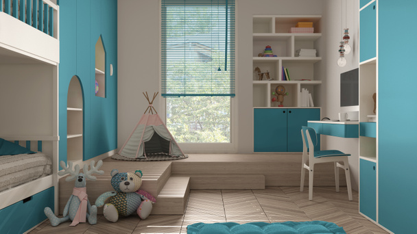 Modern minimalista gyermek hálószoba kék pasztell tónusú, herringbone parketta, emeletes ágy, szekrények játékokkal, bábok és dekorációk, puha szőnyeg, sátor, belsőépítészeti koncepció ötlet - Fotó, kép