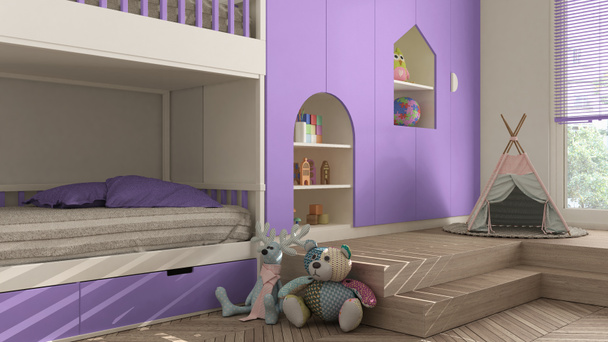 Nowoczesna minimalistyczna sypialnia dla dzieci w fioletowych pastelowych kolorach, parkiet, łóżko piętrowe, szafki z zabawkami, lalki i dekoracje, miękki dywan, tipi, pomysł na wystrój wnętrz - Zdjęcie, obraz