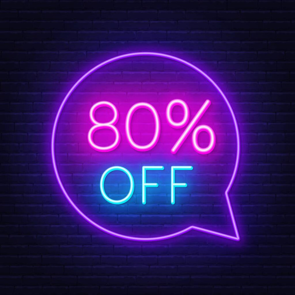 80 percent discount neon sign on brick wall background - Vector, Image