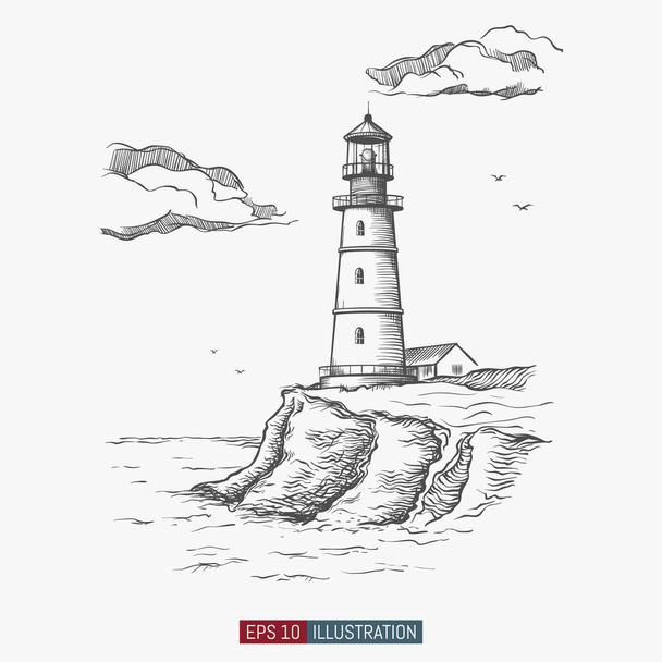 Hand drawn lighthouse. Template for your design works. Engraved style vector illustration. - Vector, Image