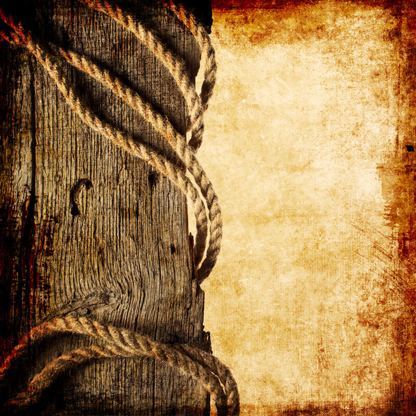 Vintage background with wooden log and hemp rope on - Foto, Bild