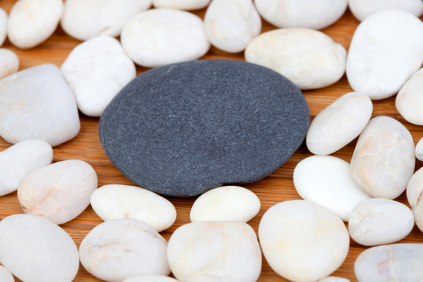 Une pierre noire et beaucoup de petites pierres blanches
 - Photo, image