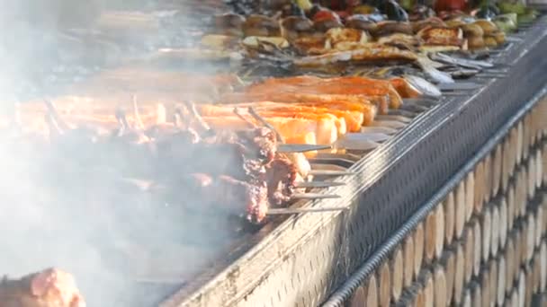 Larga fila de verduras y trozos de carne de barbacoa en pinchos, listos para asar, humo de la parrilla. Festival de comida callejera - Metraje, vídeo