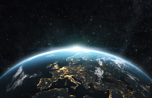 Planet Erde aus dem All in der Nacht. 3D-Renderer, Texturen von visibleearth.com - Foto, Bild
