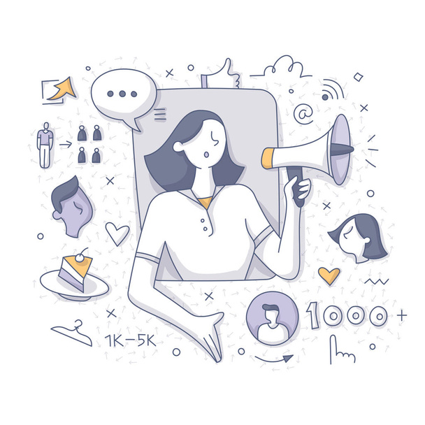Nano influencer. Woman-social media user promotes products and services for her small size bu active audience. The concept of social media marketing. Doodle abstract illustration - Vector, Image